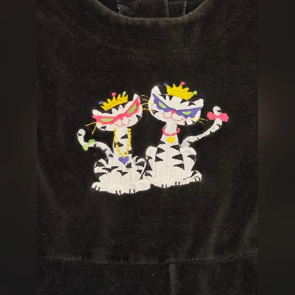 90s Fancy Embroidered‎ Kitties Girls A-Line Dress Velour Black Sz S USA Made Vtg